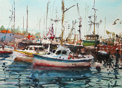 watercolor painting by Maximilian Damico titled San Francisco Boats