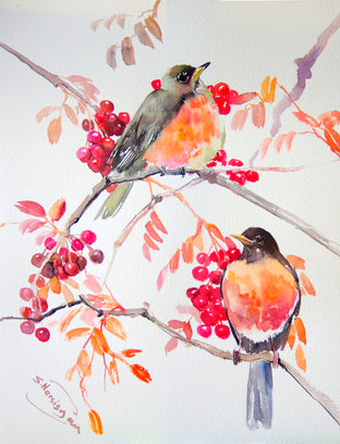 American Robins and Fall Berries by Suren Nersisyan |  Artwork Main Image 
