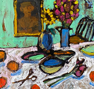 encaustic artwork by James Hartman titled Table with Bowls and Flowers