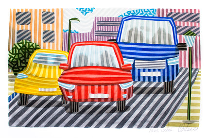 watercolor painting by Javier Ortas titled Three Cars