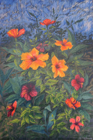 oil painting by Jay Jensen titled Hibiscus Explosion