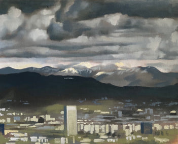 oil painting by Jesse Aldana titled That Time It Snowed on the Hollywood Sign