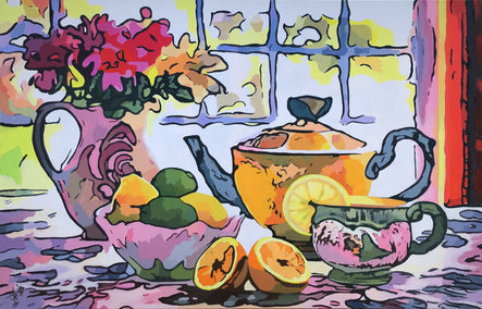 acrylic painting by John Jaster titled Tea and Flowers