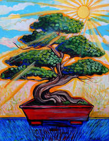 acrylic painting by Kira Yustak titled Morning Sun Bonsai