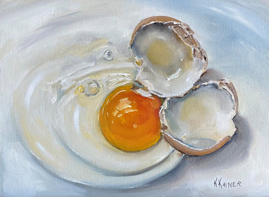 oil painting by Kristine Kainer titled Cracked Brown Egg