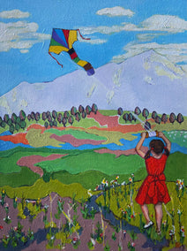 acrylic painting by Laura (Yi Zhen) Chen titled Girl Flying a Kite