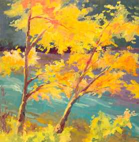 oil painting by Karen E Lewis titled Leaves by the River