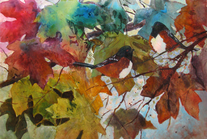 mixed media artwork by Melissa Gannon titled Leaves & Towhees