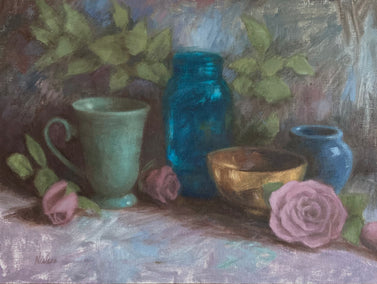 oil painting by Lisa Nielsen titled Teal Cup and Aqua Jar