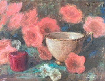 oil painting by Lisa Nielsen titled Red, Pink and Aqua