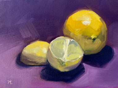 oil painting by Malia Pettit titled Fresh Citrus Resting on a Purple Cloth