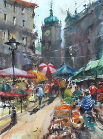 watercolor painting by Maximilian Damico titled Prague Street Market