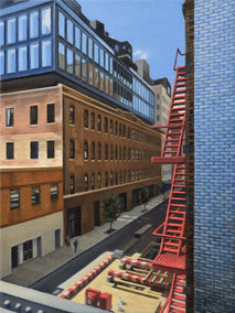 oil painting by Nick Savides titled Red Fire Escape