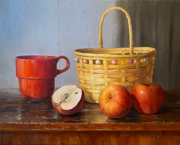 oil painting by Nikolay Rizhankov titled Still Life with Red Mug and Apples