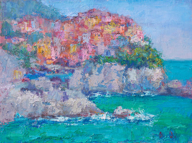 oil painting by Oksana Johnson titled The Village by the Sea