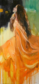 oil painting by Gary Leonard titled The Orange Dress