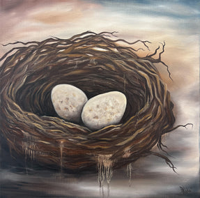 oil painting by Pamela Hoke titled Barn Swallow Nest