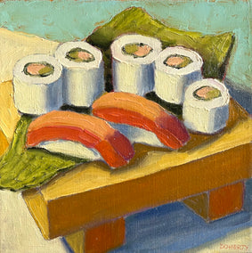 oil painting by Pat Doherty titled Sushi Board