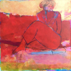 acrylic painting by Robin Okun titled Pensive in Red