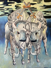 oil painting by Rachel Srinivasan titled Cuddly Bison: Two of Swords