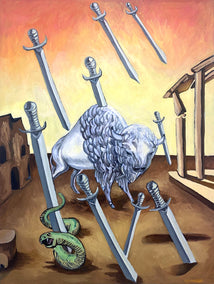 oil painting by Rachel Srinivasan titled Nine of Swords