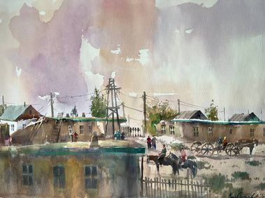 watercolor painting by Rashid Kulbatyrov titled Native Village