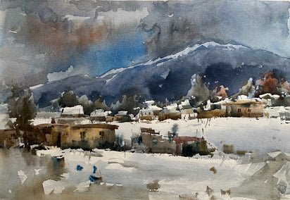 watercolor painting by Rashid Kulbatyrov titled Village in Winter
