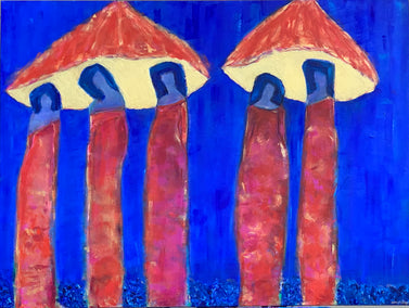 acrylic painting by Robin Okun titled Mushroom Ladies