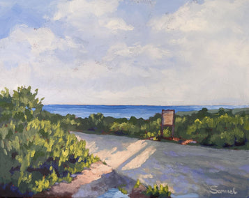 acrylic painting by Samuel Pretorius titled Golden Hour Stroll in Crystal Cove Cliffs