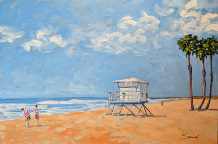 acrylic painting by Samuel Pretorius titled Lifeguard Tower and Beachgoers