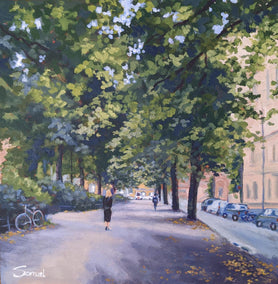 acrylic painting by Samuel Pretorius titled Quiet Walk in the Park on a Tuesday in Stockholm