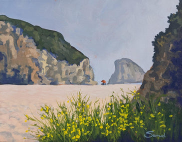 acrylic painting by Samuel Pretorius titled Shark Fin Rock, Santa Cruz, with a Burst of Yellow Flowers