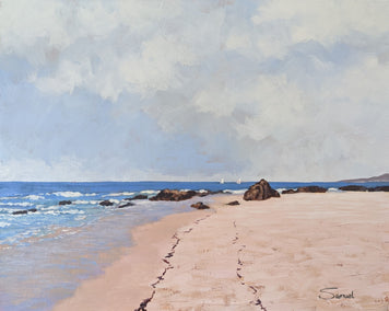 acrylic painting by Samuel Pretorius titled Sun Drenched Beach Near Santa Cruz