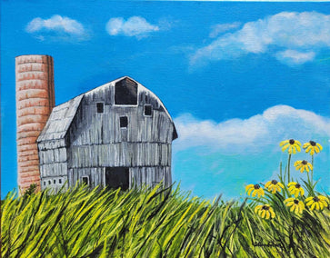 oil painting by Shela Goodman titled Barn and Silo II