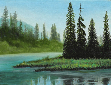 oil painting by Shela Goodman titled Pines Along the River