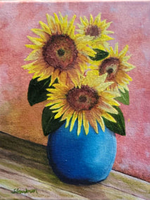 oil painting by Shela Goodman titled Sunflowers in Blue Vase