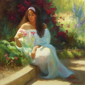 oil painting by Sherri Aldawood titled Alana in the Flower Garden