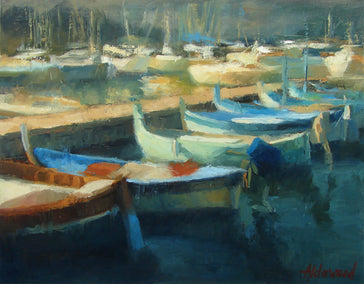 oil painting by Sherri Aldawood titled Harbor Boats