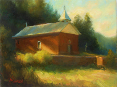 oil painting by Sherri Aldawood titled Old New Mexico Church