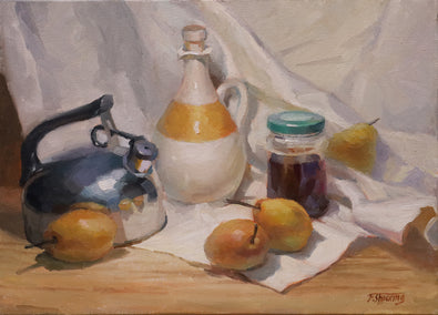 oil painting by Shuxing Fan titled Pears and Containers