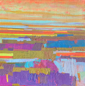 oil painting by Srinivas Kathoju titled Purple Fields and the Horizon 2