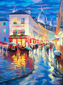 oil painting by Stanislav Sidorov titled Rainy Night in Paris. Café de Consulate