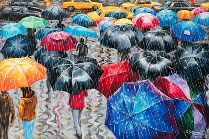 oil painting by Stanislav Sidorov titled Street Under the Rain. New York
