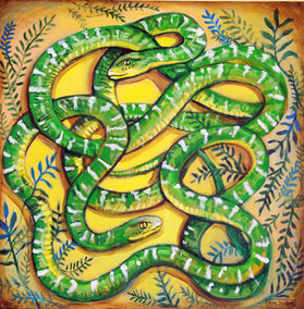 acrylic painting by Kira Yustak titled Green Snakes