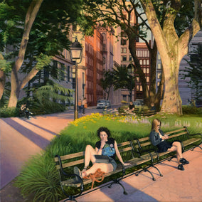 oil painting by Nick Savides titled Washington Square Park - Summer Evening