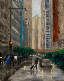 oil painting by Yangzi Xu titled La Salle Street, Rainy Day