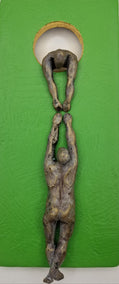 mixed media artwork by Yelitza Diaz titled Two Climbers on Green Hanging on the Moon.