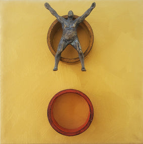 mixed media artwork by Yelitza Diaz titled X-Man on Gold, Ochre/Red.